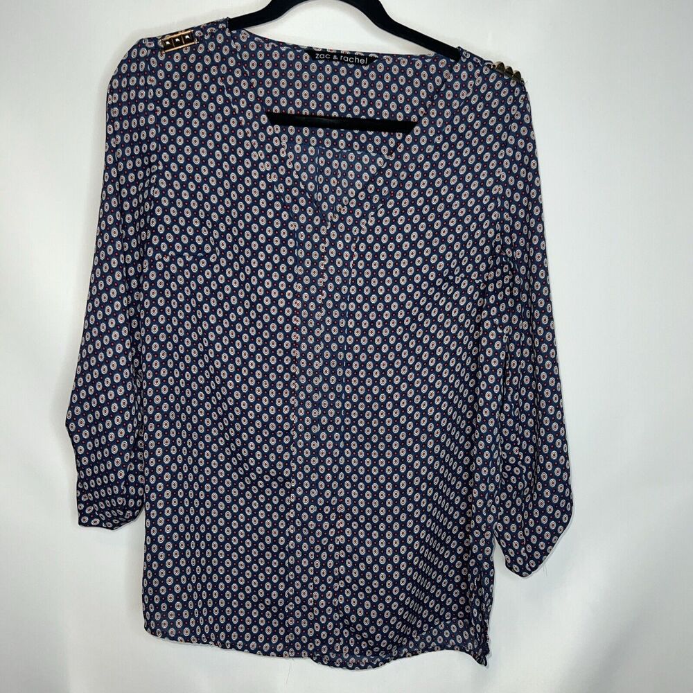 Zac & Rachel Womens Blouse Medium Blue Long or 3/4 Sleeve V Neck Casual Career